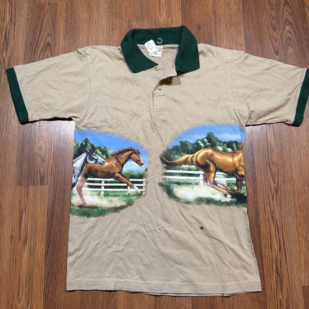 Vintage Wild Gear Horse Equestrian Polo Shirt Mens M Brown Beige Graphic AOP NWT